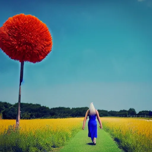 Prompt: giant flower head, woman walking, surreal photography, cinematic, blue sky, symmetry, detailed, bright, retro, wes anderson