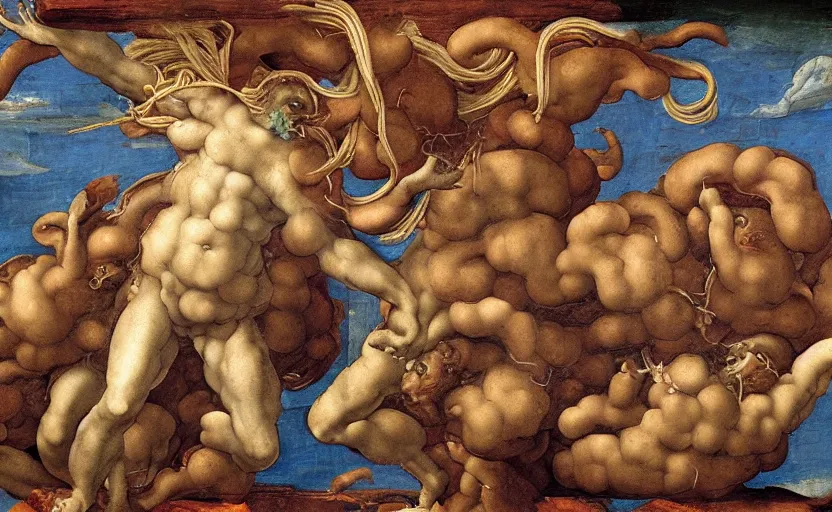 Image similar to The flying spaghetti monster. By Michelangelo (1564). Expert fresco painting.