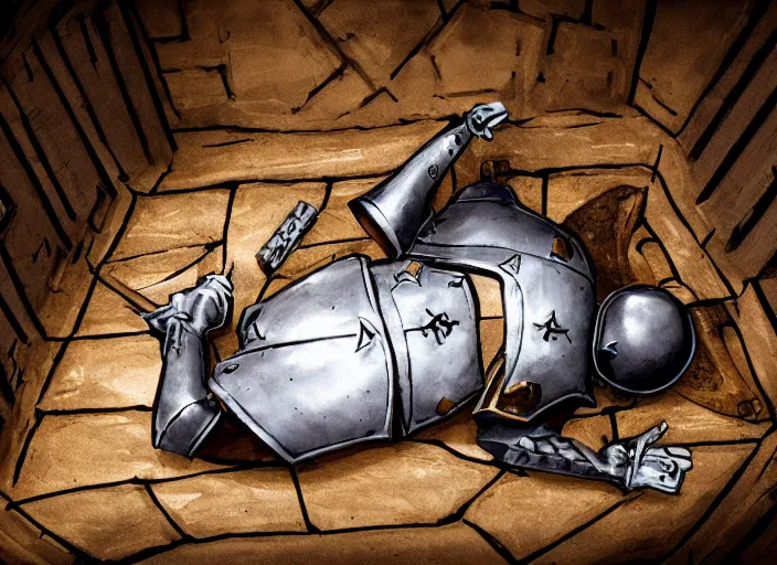 Image similar to a beautiful composition detailed photograph of a dead poisoned armored knight paladin lying in a wooden bed in a cell in a dungeon.