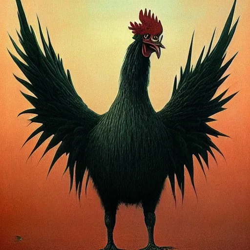 Image similar to big black rooster as a giant monster, creepy!!!, sharp teeth, gory, zdzisław beksinski, keith thompson, terrifying!!!