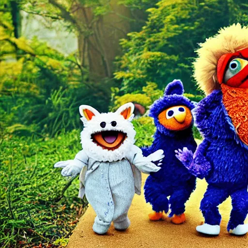 Image similar to a chibi foxfolk muppet druid wearing a hooded cloak holding a small muppet animal with a small herd of random muppet animals following behind, sesame street, photograph, photography, ultrarealistic, national geographic