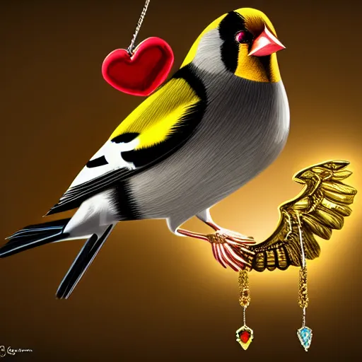 Prompt: goldfinch with a message inside is decorated with jewels and hangs from the neck of a valkyrie with armor, in the background you can see the fountain of a park. digital art, fantasy art, photo realistic, dynamic lighting, artstation, poster, volumetric lighting, hyperrealistic, 4 k, award winning
