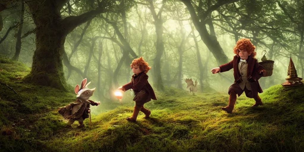 Prompt: bilbo baggins running into the white rabbit in a clearing in the middle of an enchanted forest, steampunk illustration, photorealistic color drawing, toadstools and fairies, gnomes and giants in the distance, 8 k resolution, octane render, dramatic lighting, cinematic angle,