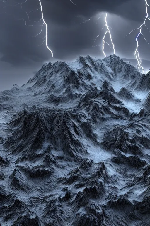 Prompt: 3 d render, realistic nature, dark color palate, snowy craggy sharp mountains, stormy weather, lightning, 8 k