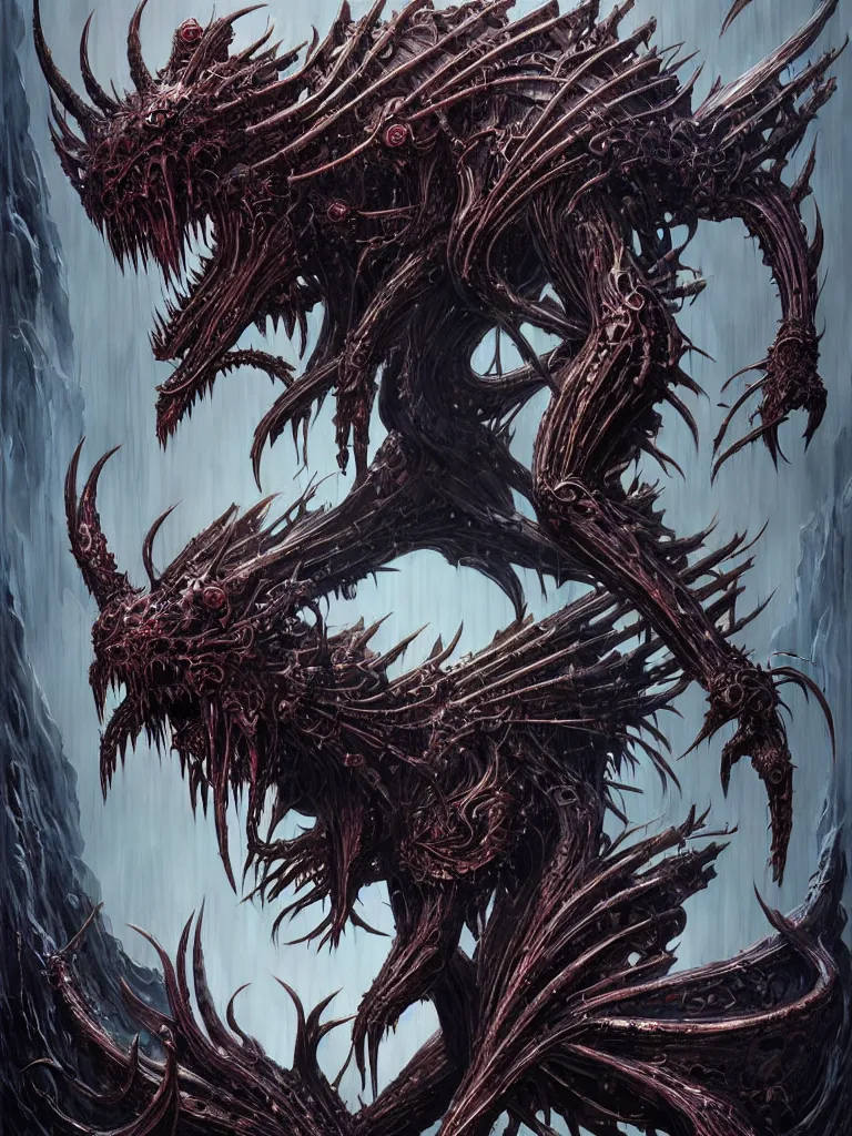 Image similar to exquisite imaginative creature beast from chinese mythology, nanotech demonic monster horror, frontal symmetry, sharp, ghost in the shell, slender and densely arranged teeth, rna bioweapon, poster art, movie art, elegant, illustrated by kentaro miura, game, movie concept art, by brom gerald