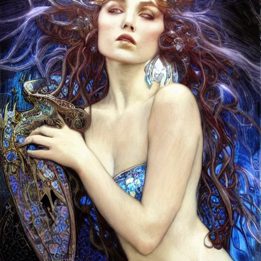 Image similar to masterpiece goddess of sorrow, realistic portrait, young woman, melancholic face, long hair, digital painting by louis royo and julie bell and mucha, dark tenebrous blue background, cinematic lights, aura effect, some chaotic sparkles, ink effects, unreal engine, artstation, deviantart, pinterest