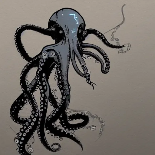 Image similar to a cyberpunk octopus, in the style of Ashley Wood, banksy and Moebius