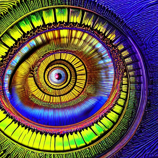 Prompt: a detailed abstract photograph of an eye on a television screen, symmetry, mandelbulb fractal, 8 k, intricate lines, made of glass, vibrant, hyper realism, bold contrast