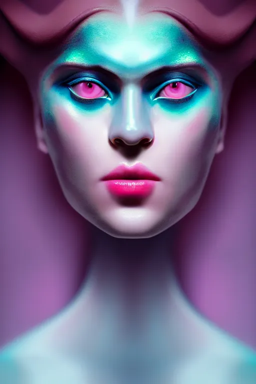 Prompt: neo-surrealist very detailed rococo close-up portrait of woman with iridescent eyes and pink mouth matte painting concept art key sage very dramatic dark teal lighting side angle hd 35mm shallow depth of field 8k