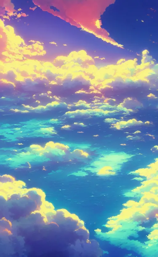 Prompt: aerial anime illustration of a beautiful and colorful ocean lagoon, atoll, serene lake, breathtaking clouds, by makoto shinkai, thomas kinkade, beeple, and james gilleard, wide angle, deviantart, cgsociety, 4k vertical wallpaper