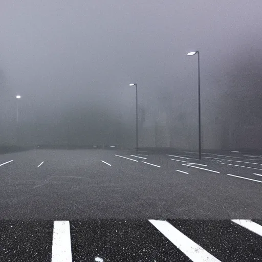 Image similar to empty carpark in the fog, night time, rain, cinematic, wide angle composition