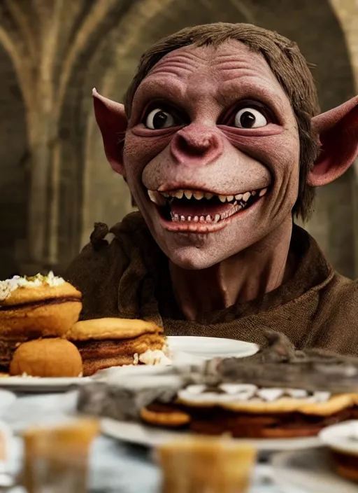 Image similar to closeup portrait of a medieval goblin eating cakes in the cloisters, depth of field, zeiss lens, detailed, symmetrical, centered, fashion photoshoot, by Annie Leibovitz and Steve McCurry, David Lazar, Jimmy Nelsson, Breathtaking, 8k resolution, extremely detailed, beautiful, establishing shot, artistic, hyperrealistic, beautiful face, octane render