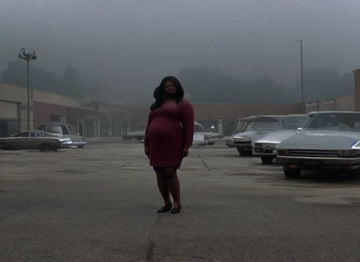 Image similar to cinematic screenshot wide shot of octavia spencer in a foggy abandoned sears parking lot, paranoia everywhere, screenshot from the tense thriller film ( 2 0 0 1 ) directed by spike jonze, volumetric hazy lighting, moody cinematography, 3 5 mm kodak color stock, 2 4 mm lens, ecktochrome