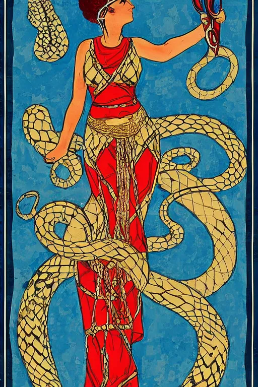 Image similar to Minoan snake goddess in the style of rosie the riviter yes we can poster, clean and detailed, and holding a snake