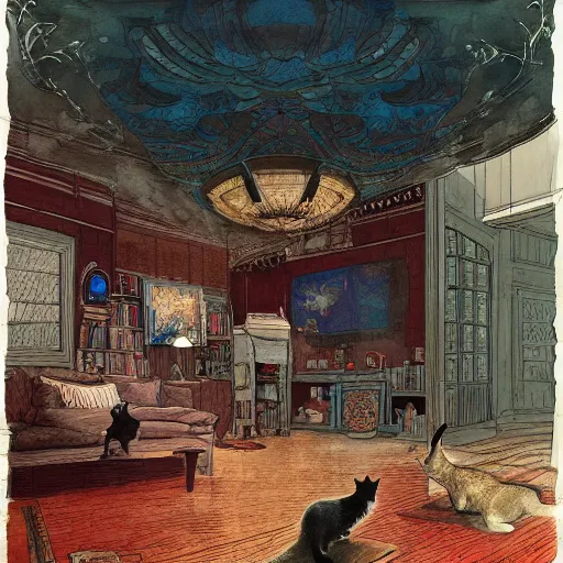 Image similar to a beautiful intricate watercolor illustration of a living room with playing cats, 4 k, ultra - wide angle, by william turner, by victo ngai, by moebius, by gustave dore, hd, trending on artstation, hyper detailed, muted intense colors