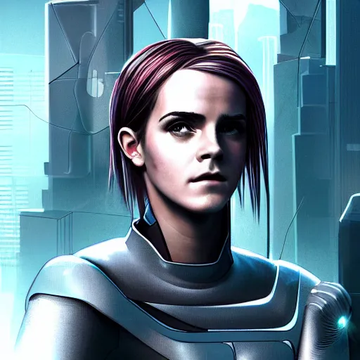 Image similar to cyberpunk emma watson as the leader of a futuristic communist nation, cybernetics, sharp lines, digital, artstation, colored in