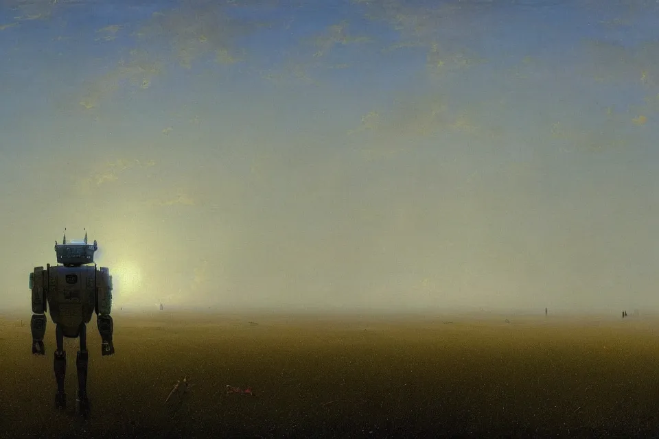 Image similar to sci-fi painting of a large alien city on the vast wheat fields, the closed back view of only one humanoid robot on the ground, by Ivan Aivazovsky, godrays, detailed