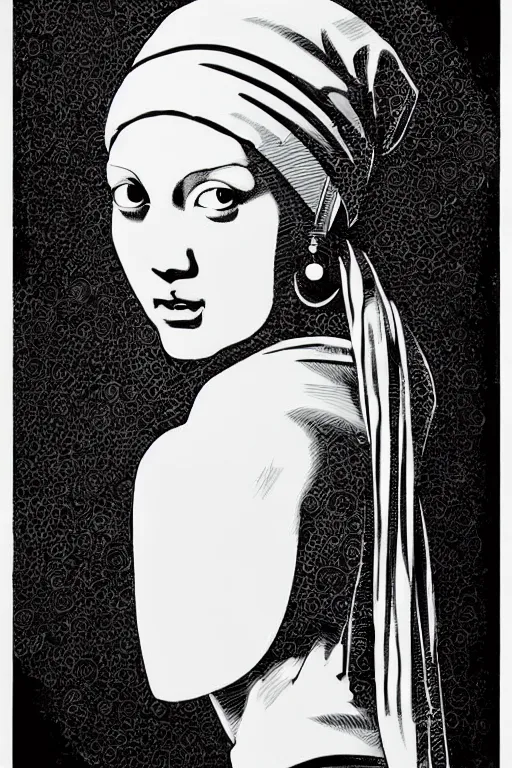 Prompt: beautiful portrait of a woman, negative no not the girl with a pearl earring, highly detailed ink illustration of a narrow neon lit tokyo alley, b & w clean shaped illustration by kim jung gi, ric estrada, ron english and eiichiro oda