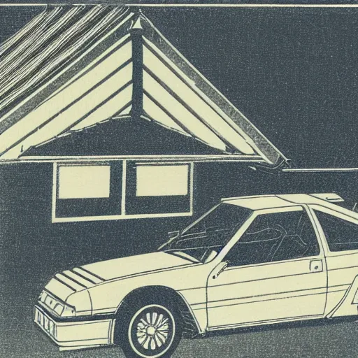 Prompt: japanese woodblock print of a 1 9 8 0 honda civic,