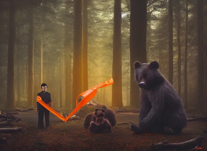 Image similar to a few orange safety cones in a beautiful strange forest and a black hairy fuzzy bear man beast hybrid stands in the center distance, cinematic painting by james jean, atomspheric lighting, moody lighting, dappled light, detailed, digital art, limited color palette, wes anderson, 2 4 mm lens, surreal