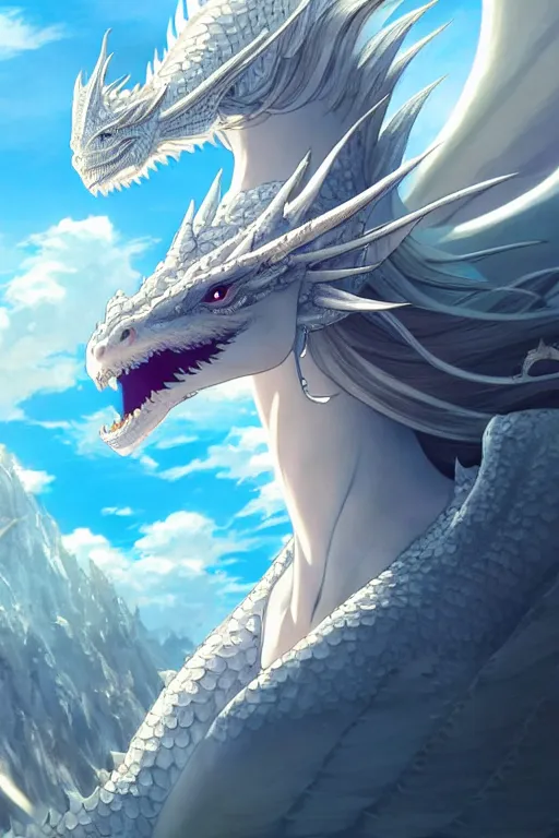 Image similar to the beautiful hyper detailed big scene render that a beautiful princess sitting on the back of a huge silver white dragon alone in fairyland surrounded by white clouds, finely detailed angelic face delicate features, style of studio ghibli, makoto shinkai, raphael lacoste, artgerm, karol bak, kazuki tanahashi, james jean, ross tran, ultra wide angle