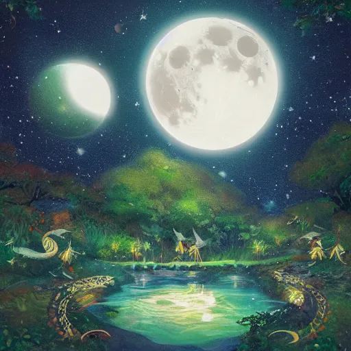 Prompt: a serene forest of faeries, beautiful double crescent moon in the night sky, album cover