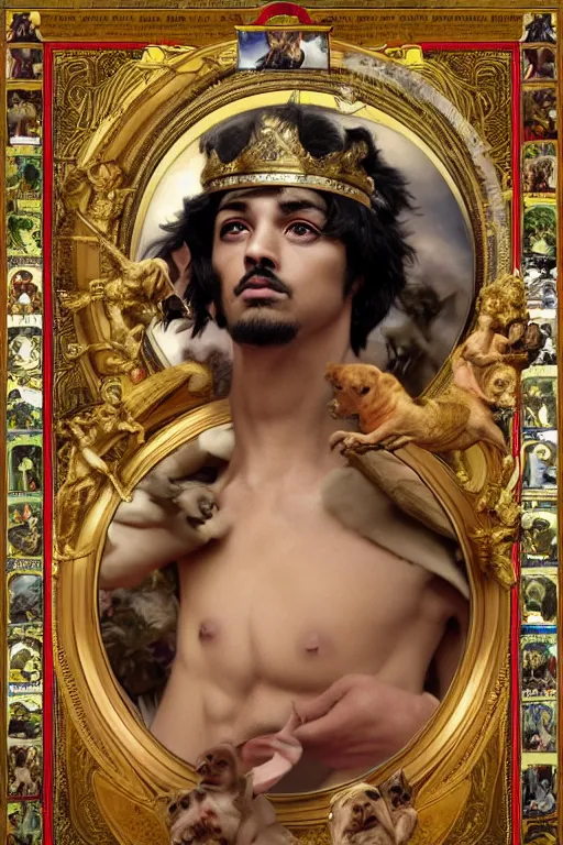 Prompt: God had dog Chihuahua's head, a radiant halo and crown, detailed face, gorgeous, very muscular male body, partial anatomy, stormy background, delicate and intricate borders for decoration, caesar victorious, proud Emperor, character close-up, intricate, highly detailed, 8K, digital painting, fantasy, concept art, sharp focus, art by alphonse mucha