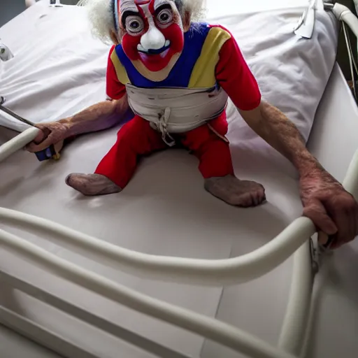 Prompt: crazy elderly clown supine in hospital bed, strapped into bed with restraints, photograph, 8 k