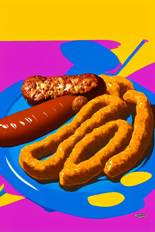 Image similar to nugget and sausage on plate, pop art, by mike swiderek, jorge lacera, ben lo, tyler west, ultrarealistic, sharp focus, rendered by unreal engine 3