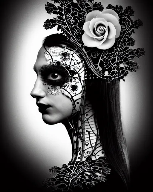 Image similar to black and white masterpiece profile portrait painting with no frame, dutch masters, silver lace floral steampunk biomechanical beautiful one techno eye young female cyborg, big monocular, volumetric light, leaves foliage and stems, hibiscus flowers, by dora maar, rim light, big gothic fashion pearl embroidered collar, 8 k