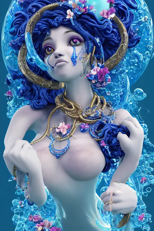 Image similar to epic 3 d yemaya, caring goddess, liquid fish and flowers spinning, 2 0 mm, with cerulean and white foam, melting smoothly into asymmetrical bubbles and flowers, liquid, delicate, intricate, houdini sidefx, trending on artstation, by jeremy mann and ilya kuvshinov, jamie hewlett and ayami kojima