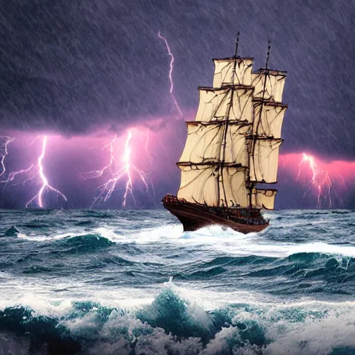 Image similar to A large, very old, wooden ship sailing across the ocean in the middle of a huge rain storm, with lots of dark clouds and lightning, very realistic.