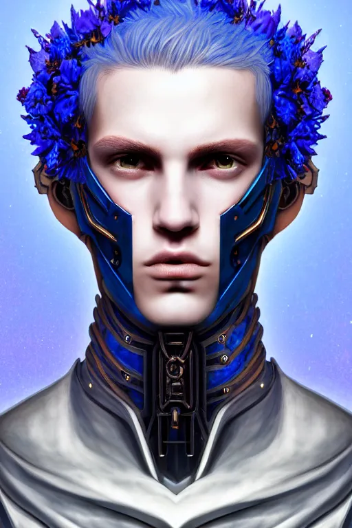 Image similar to portrait of beautiful young man, warhammer, cyber style, cyberpunk armor, a lot of more scars, more and more flowers, blue head, the middle ages, highly detailed, artstation, illustration, artgerm sylvari portrait, 8 k quality, art by rene magritte