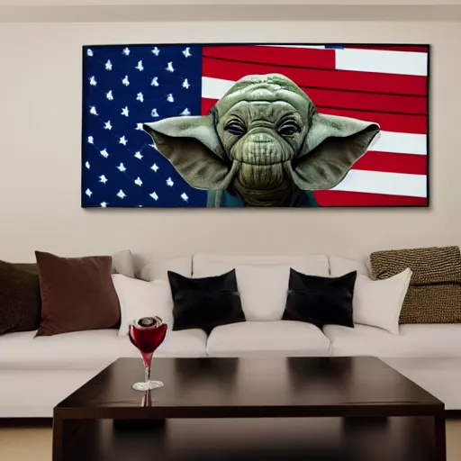 Image similar to elephant yoda patriot potus, modern art placed in a large living room, art designers magazine HD photo superrealism 3d 8k resolution