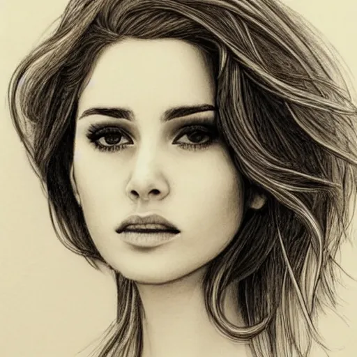 Prompt: pencil sketch, portrait, beautiful, middle age, thin face, long wavy hair