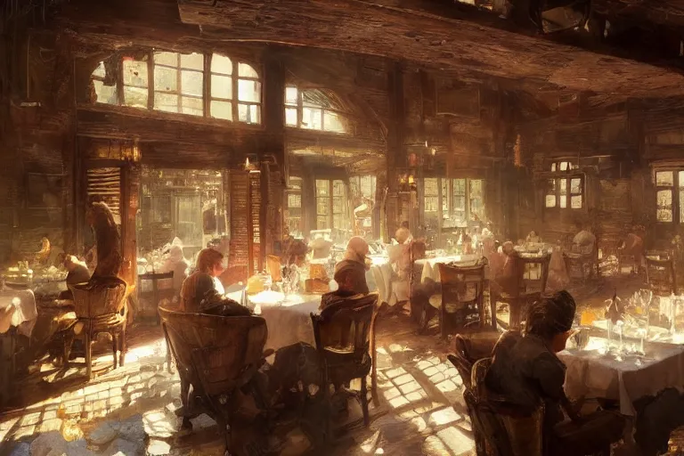 Image similar to A national geographic photo of the interior of an old inn restaurant filled with people by greg rutkowski, Trending on artstation