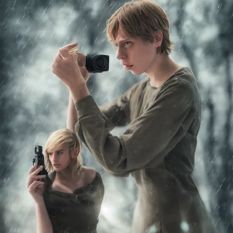 Image similar to cute annie leonhart holding taking a photo of luke skywalker wallpaper, beautiful face, pale skin, rule of thirds, cinematic lighting, rainy weather, melancholy atmosphere, volumetric light, realistic reflections, sharp focus, backlit, model agency, instagram photo, shot on iphone 1 3 pro max, hyper realistic,