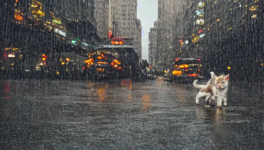 Prompt: its raining kittens and puppies in the most unusual storm ever, surprised people running for cover, some trying to catch the kittens, chaos in the city, high quality, high details, panoramic