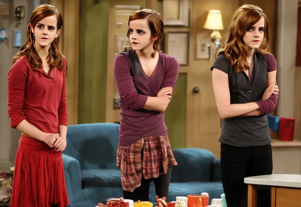 Image similar to emma watson as penny from the big bang theory episode 1, stills from the sitcom