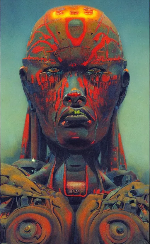 Image similar to portrait of mecha african tribal chief, symmetrical, dramatic lighting, colourful, glowing eyes, art by zdzislaw beksinski,