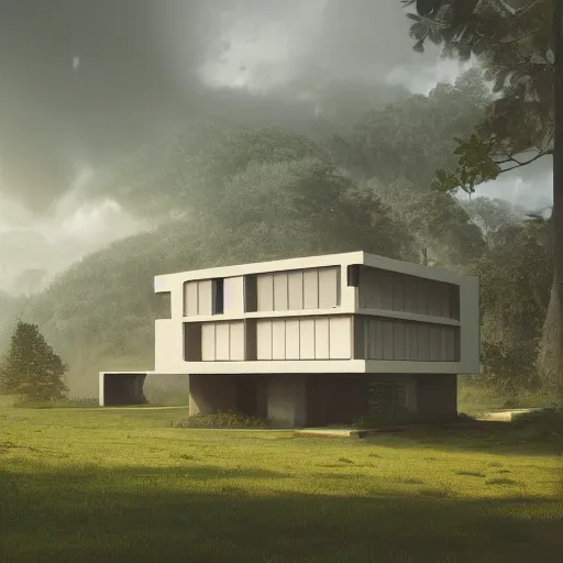 Image similar to rectangular modernist house inspired by a tibetan palace, surrounded by thick collumns, two levels, in a field, big trees, clouds, dramatic lighting, artstation, matte painting, raphael lacoste, simon stalenhag, frank lloyd wright, drone view