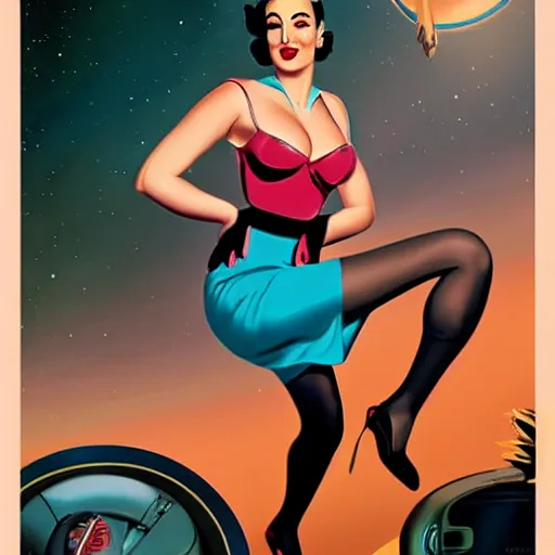 Prompt: a retro sci - fi pinup illustration of dita von teese in the style of gil elvgren.