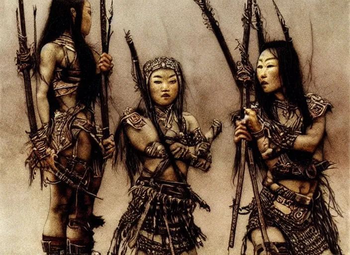 Prompt: young muscular mongol female warriors in tribal painting by Beksinski, Luis Royo, Arthur Rackham