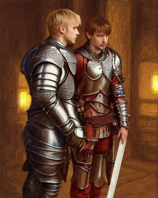 Image similar to attractive arthur pendragon confesses his love to his attractive male knight, they are close to each other, in a quiet moment, informal cloths, highly detailed, very intricate, cinematic lighting, by donato giancola and rossdraws and magali villenueve, featured on artstation