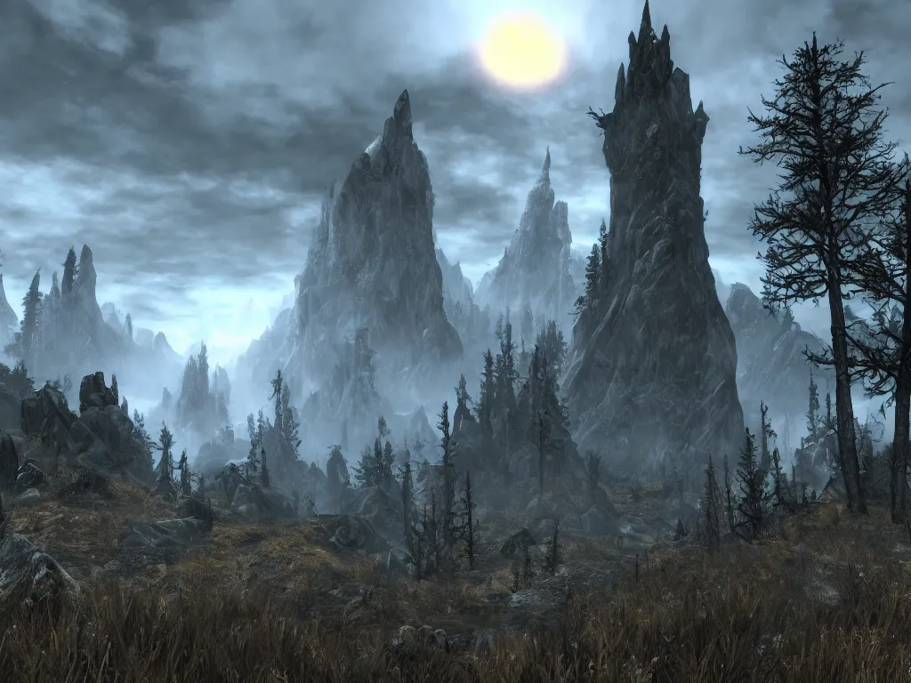 Prompt: beautiful landscape of skyrim, wizard tower