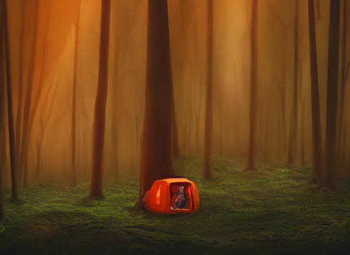 Prompt: a few orange safety cones in a beautiful strange forest, a black hair beast stands in the center distance, cinematic painting by james jean, atomspheric lighting, moody lighting, dappled light, detailed, digital art, limited color palette, wes anderson, 2 4 mm lens, surreal