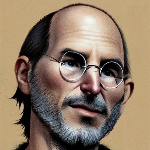 Image similar to a highly detailed epic cinematic concept art CG render digital painting artwork costume design: Steve Jobs as a student in a 1970s hippie costume holding a bitten apple. By Greg Rutkowski, Ilya Kuvshinov, WLOP, Stanley Artgerm Lau, Ruan Jia and Fenghua Zhong, trending on ArtStation, made in Maya, Blender and Photoshop, octane render, excellent composition, cinematic atmosphere, dynamic dramatic cinematic lighting, aesthetic, very inspirational, arthouse