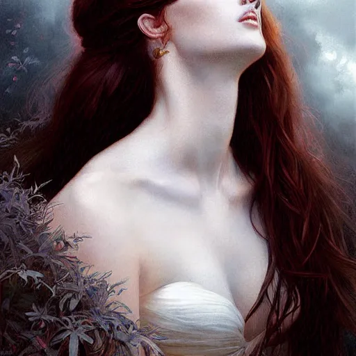 Image similar to beautiful striking Pre-Raphaelite Elvira by Artgerm and Greg Rutkowski, pale, intricate, elegant, highly detailed, digital painting