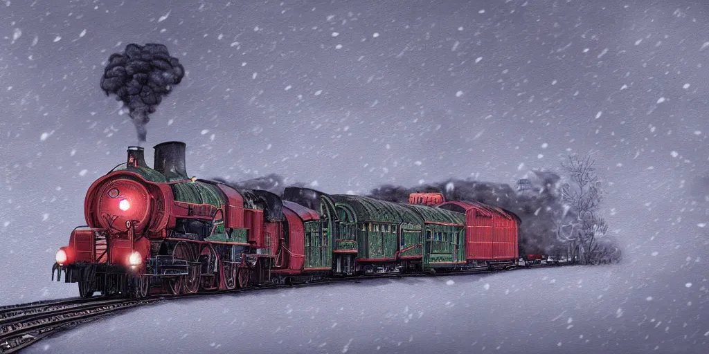 Image similar to ultra detailed and realistic painting of a heavy steam train in the snow under a blizzard, realistic style, inspired by very beautiful cute and colored disney movie backgrounds, bloom, high details, rendered in 8 k unreal engine