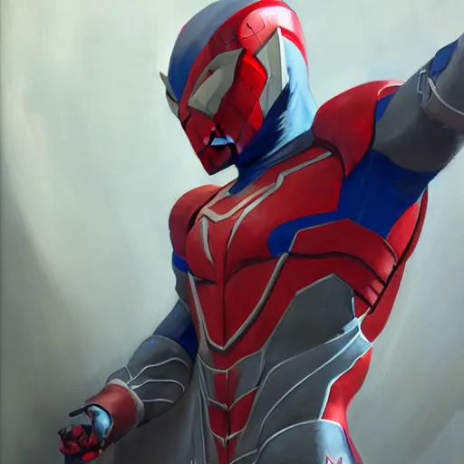 Image similar to greg manchess portrait painting of armored spiderman ultraman grey fox from metal gear cyborg japanese - american hybrid as overwatch character, medium shot, asymmetrical, profile picture, organic painting, sunny day, matte painting, bold shapes, hard edges, street art, trending on artstation, by huang guangjian and ail elvgren and sachin teng